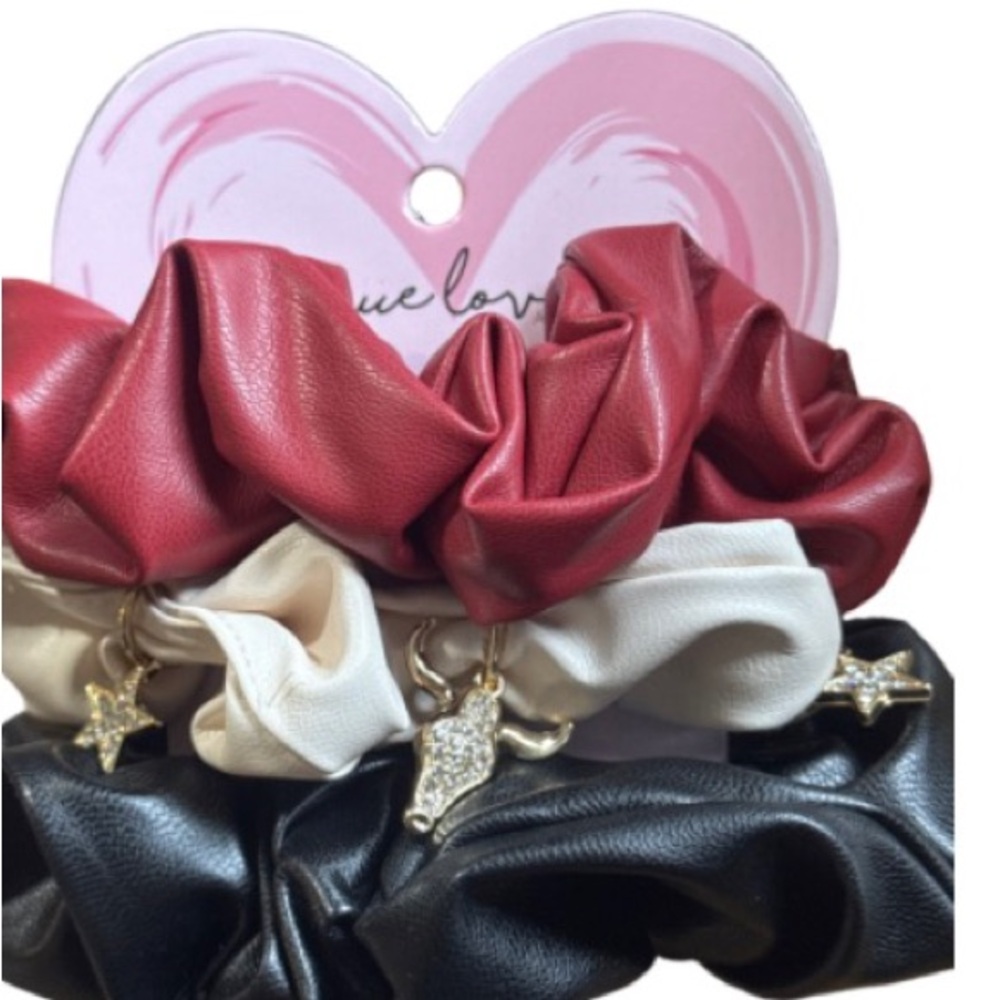 Women's Faux Leather Scrunchie Set with Star Charms - Red, Cream, Black - Picture 2 of 2